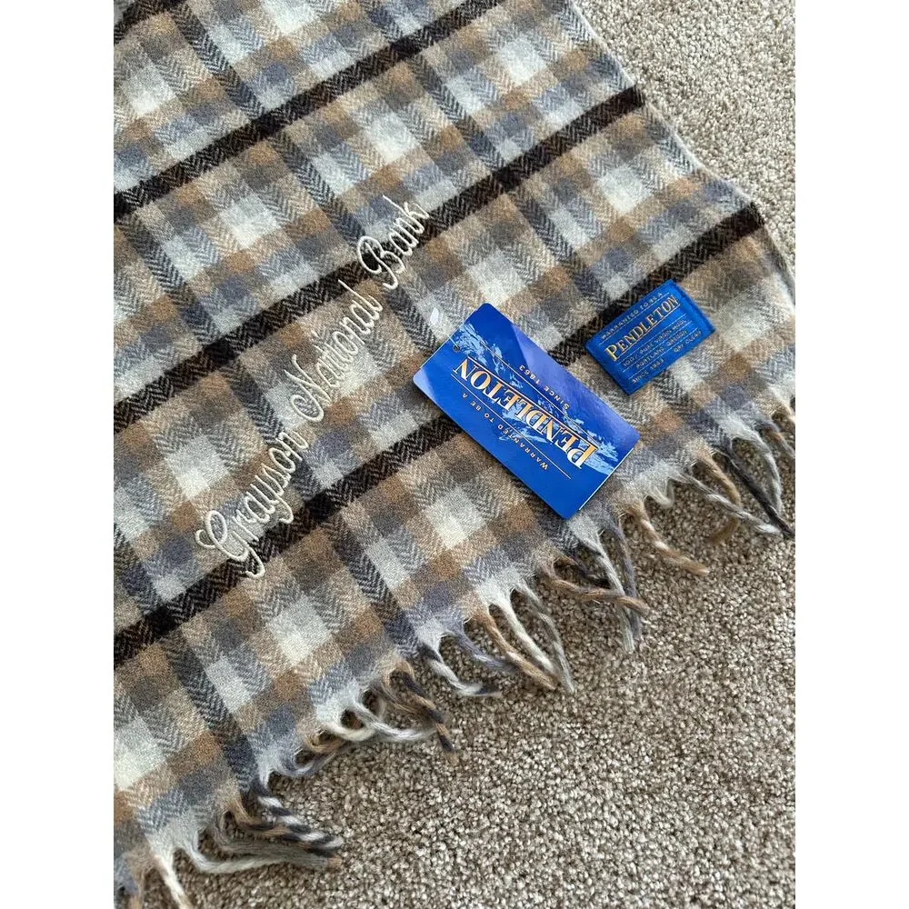 Pendleton Vintage 1990s Gray Tan Plaid Wool Fringe Blanket Deadstock 54” x 66”